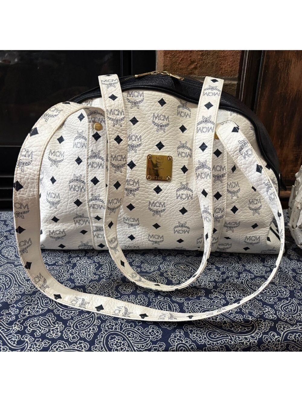 MCM Visetos Monogram Boston Bag / Satchel - White & Black